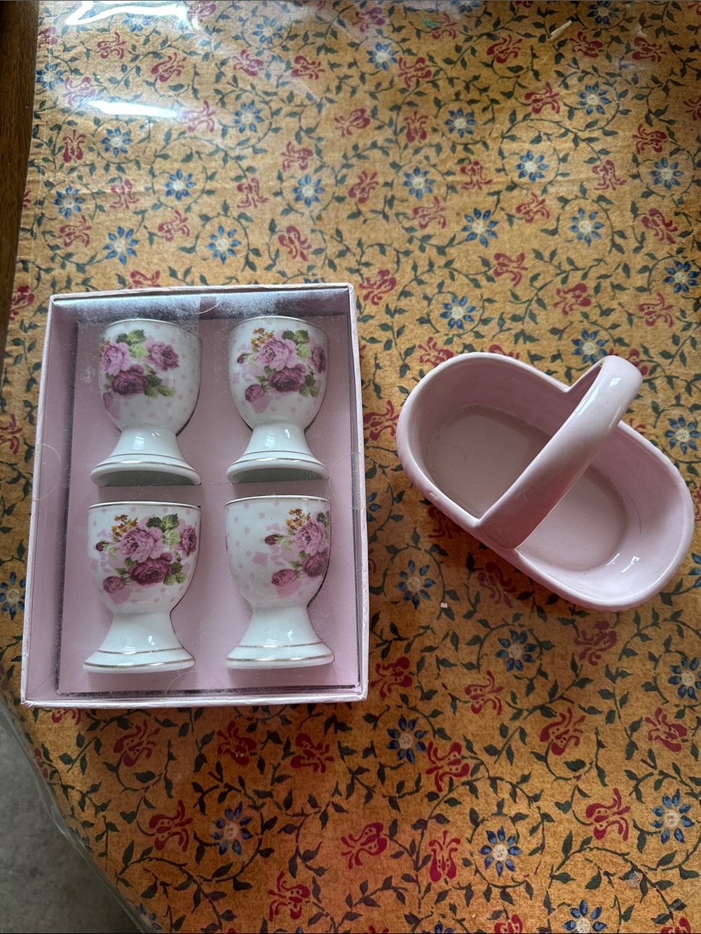 Set of 4 Pink Floral Porcelain Egg Cups with Pink Porcelain Dish